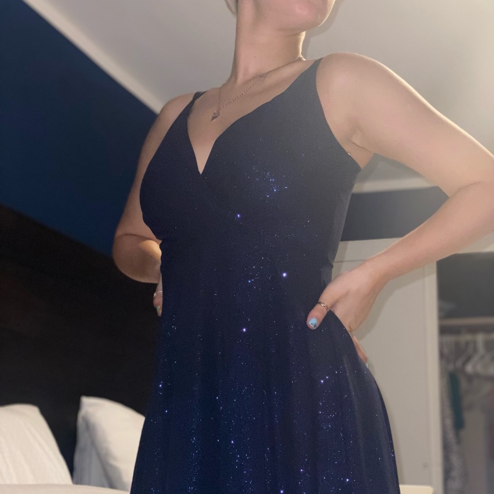Blue prom dress with one leg cut